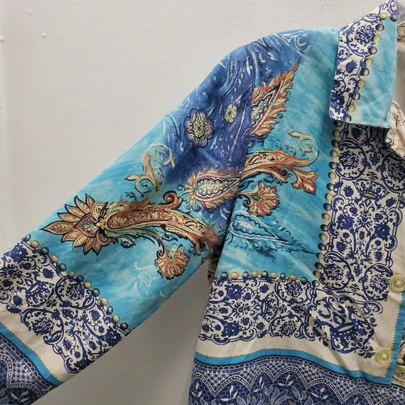 Coldwater Creek Silk Mixed Print Patchwork ButtonUp Jacket Size M - Picture 13 of 16